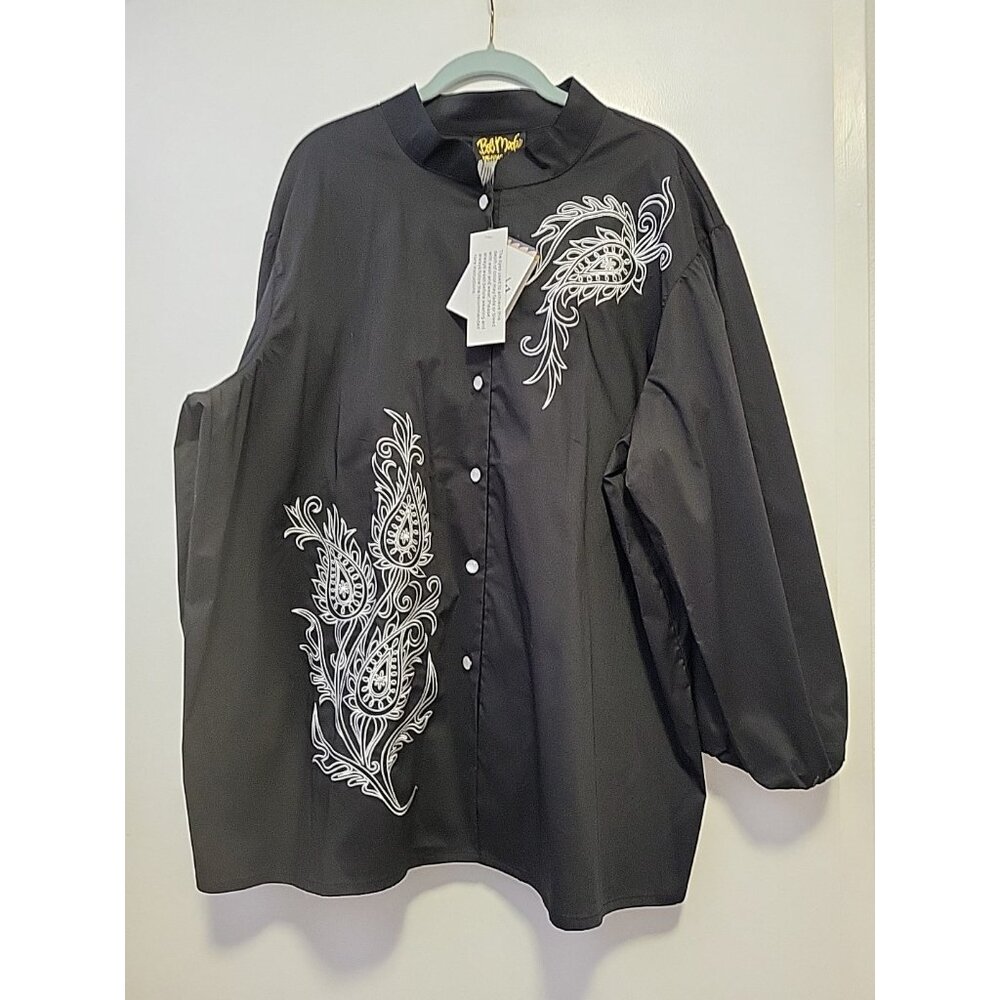 Bob Mackie Wearable Art Black White Embroidered Sleeve Puff  Shirt Blouse 2X NWT
